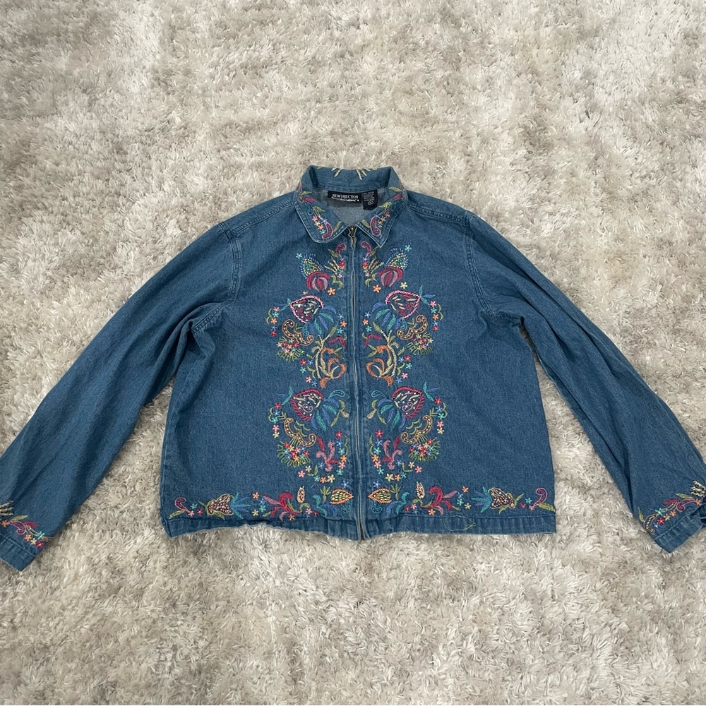 New Directions Blue Jean Jacket with Colorful Embroidery